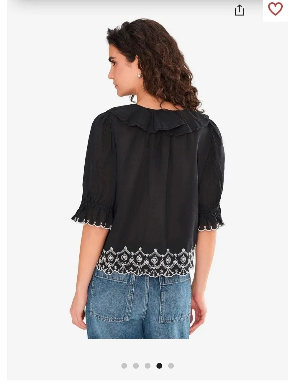 Madewell Ruffled Puff-Sleeve Top in Jet Black with Embroidered Hem sz L NEW